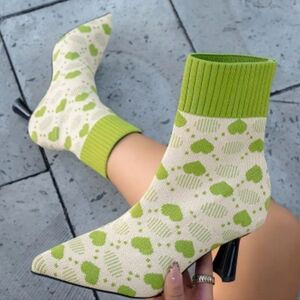 High Heel Ankle Boot Dress. Chic, Heart Pattern, Slip-On, Pointed Toe, Stretch